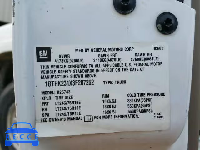2003 GMC SIERRA 1GTHK231X3F207252 image 9