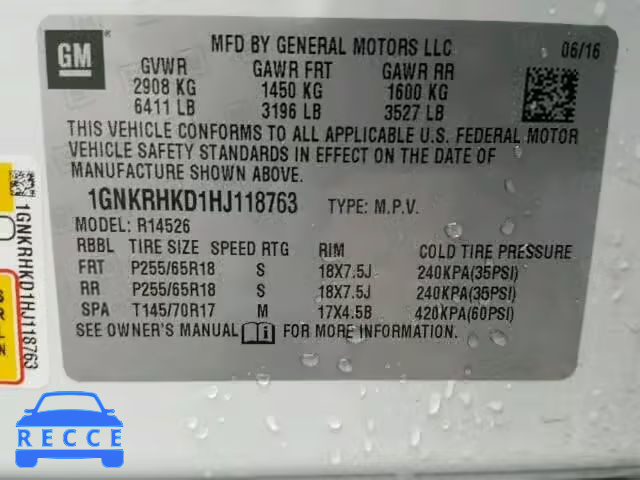2017 CHEVROLET TRAVERSE 1GNKRHKD1HJ118763 image 9