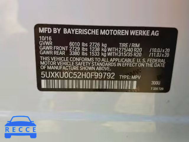 2017 BMW X6 5UXKU0C52H0F99792 image 9