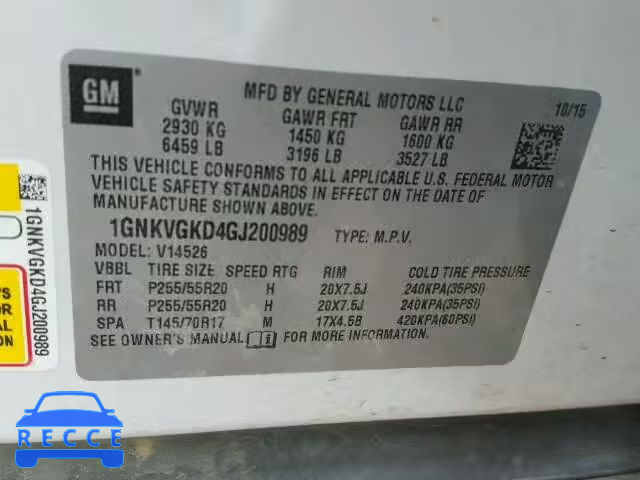 2016 CHEVROLET TRAVERSE 1GNKVGKD4GJ200989 image 9