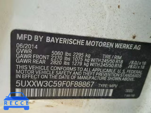 2015 BMW X4 5UXXW3C59F0F88867 зображення 9