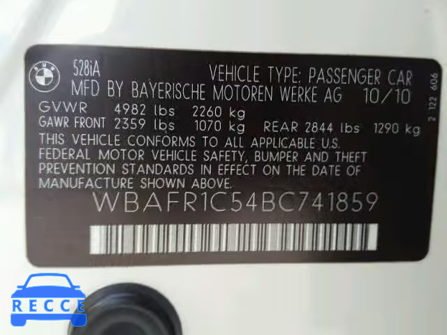 2011 BMW 528 WBAFR1C54BC741859 зображення 9