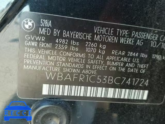2011 BMW 528 WBAFR1C53BC741724 зображення 9