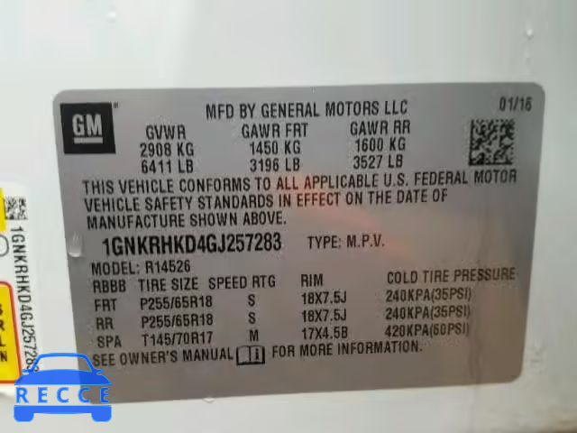 2016 CHEVROLET TRAVERSE 1GNKRHKD4GJ257283 image 9