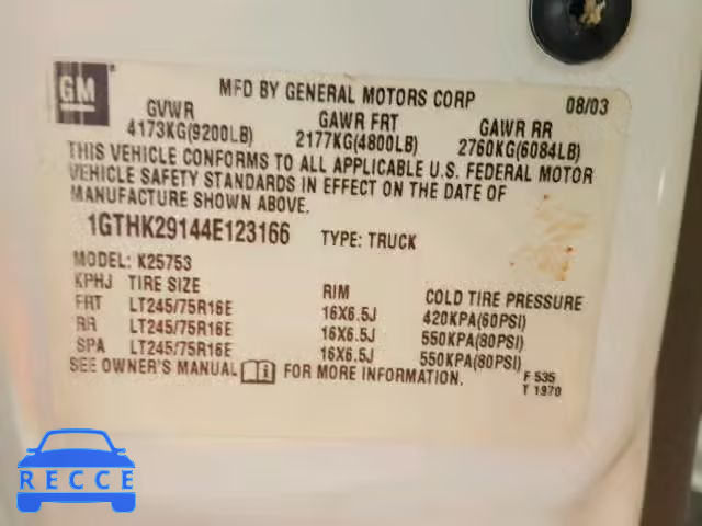2004 GMC SIERRA 1GTHK29144E123166 зображення 9