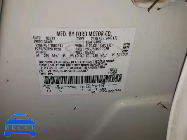 2013 LINCOLN MKX 2LMDJ6JK6DBL00387 зображення 9