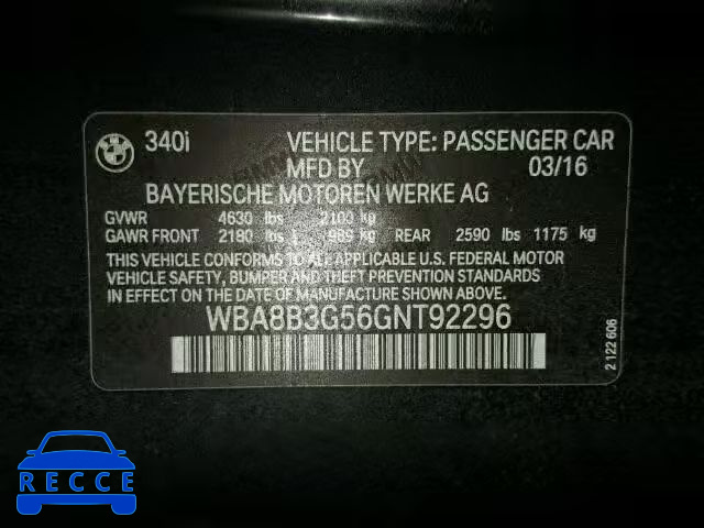 2016 BMW 340 WBA8B3G56GNT92296 зображення 9