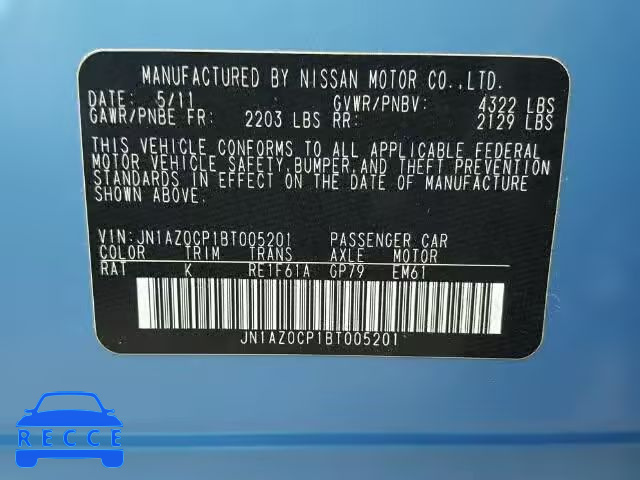 2011 NISSAN LEAF JN1AZ0CP1BT005201 Bild 9