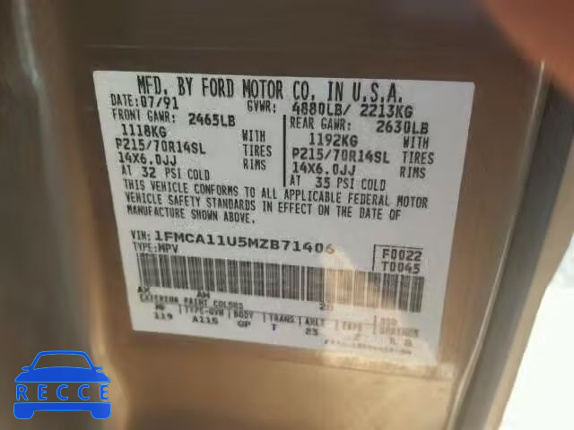 1991 FORD AEROSTAR 1FMCA11U5MZB71406 Bild 9