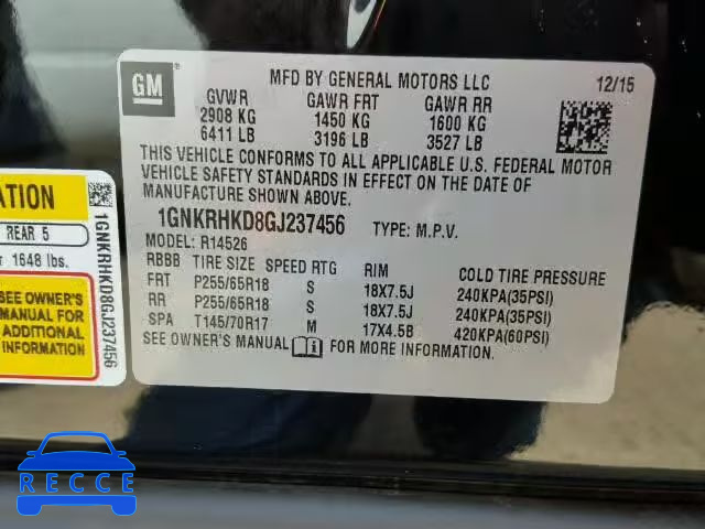 2016 CHEVROLET TRAVERSE 1GNKRHKD8GJ237456 image 9