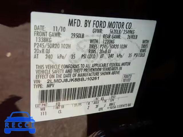 2011 LINCOLN MKX 2LMDJ8JK8BBJ10261 Bild 9