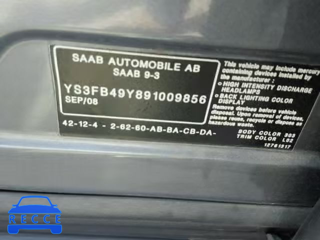 2009 SAAB 9-3 YS3FB49Y891009856 зображення 9