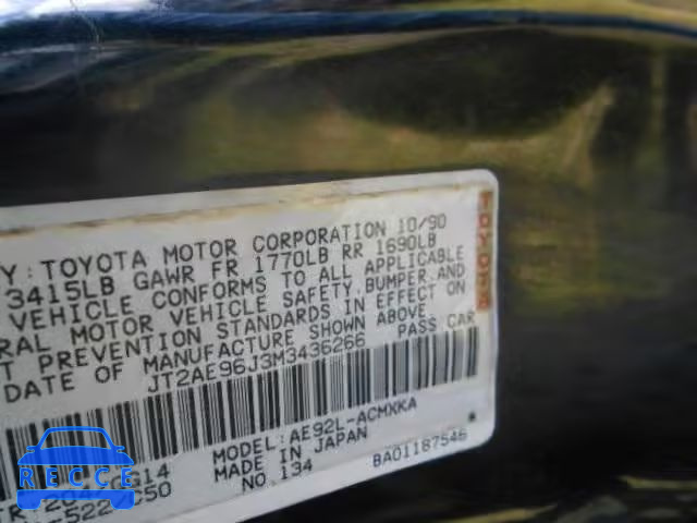 1991 TOYOTA COROLLA JT2AE96J3M3436266 image 9