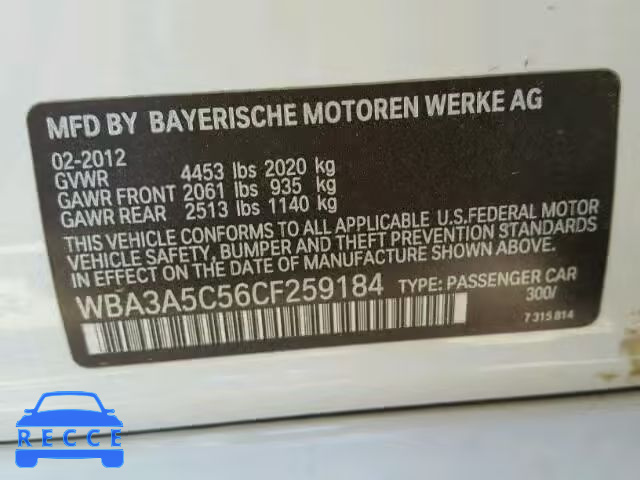 2012 BMW 328 WBA3A5C56CF259184 зображення 9