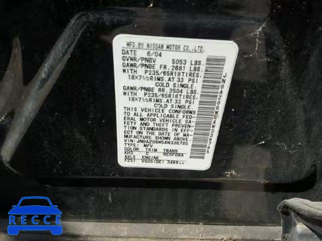 2004 NISSAN MURANO SL JN8AZ08W54W336785 image 9