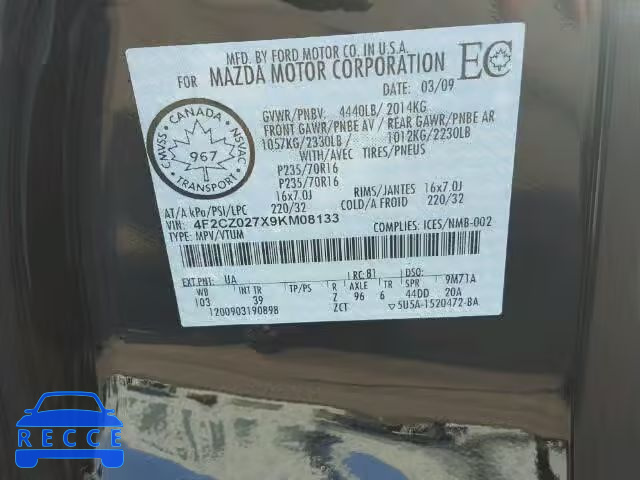 2009 MAZDA TRIBUTE 4F2CZ027X9KM08133 Bild 9