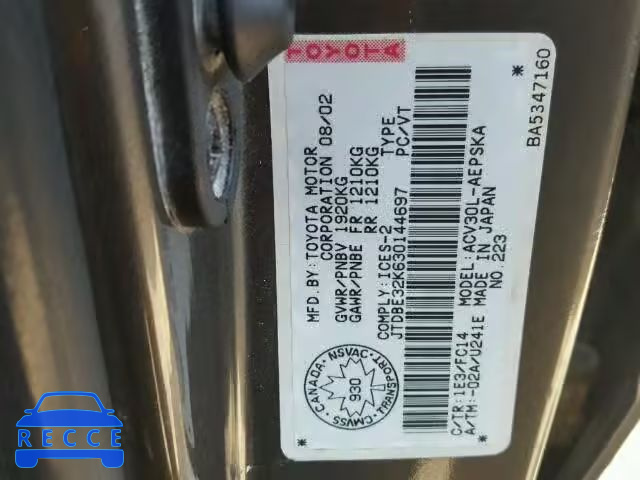 2003 TOYOTA CAMRY LE JTDBE32K630144697 image 9