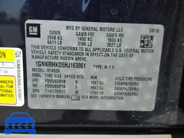 2017 CHEVROLET TRAVERSE 1GNKRHKD6HJ163861 зображення 9