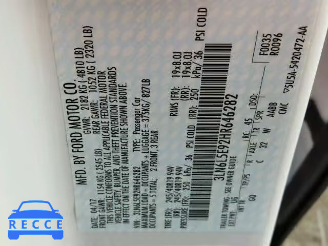 2017 LINCOLN MKZ 3LN6L5E92HR646282 image 9