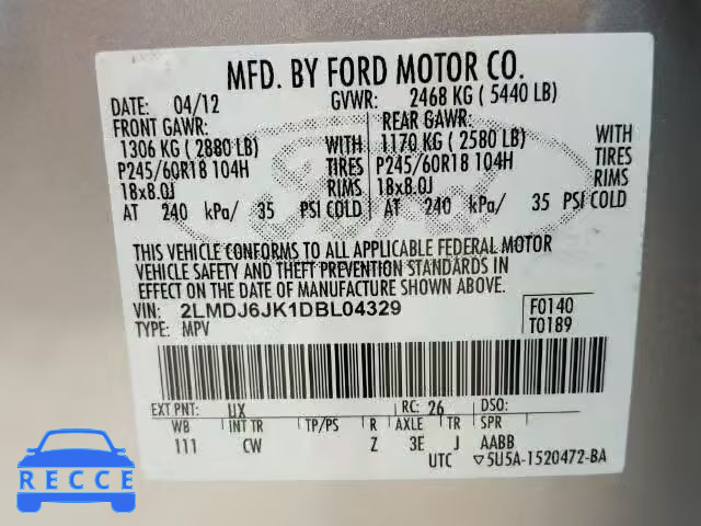 2013 LINCOLN MKX 2LMDJ6JK1DBL04329 image 9