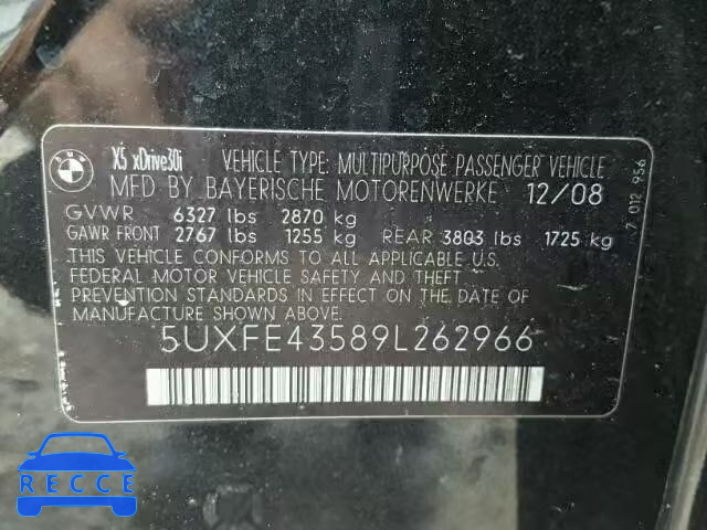 2009 BMW X5 5UXFE43589L262966 зображення 9