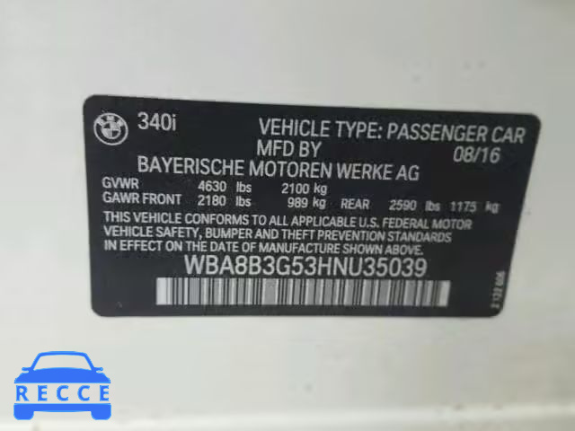 2017 BMW 340 WBA8B3G53HNU35039 зображення 9