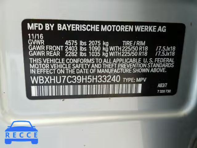 2017 BMW X1 WBXHU7C39H5H33240 зображення 9