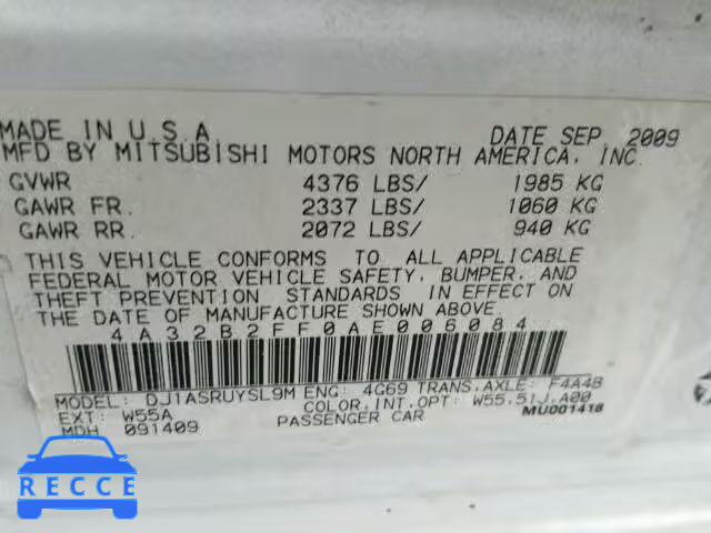 2010 MITSUBISHI GALANT 4A32B2FF0AE006084 image 9