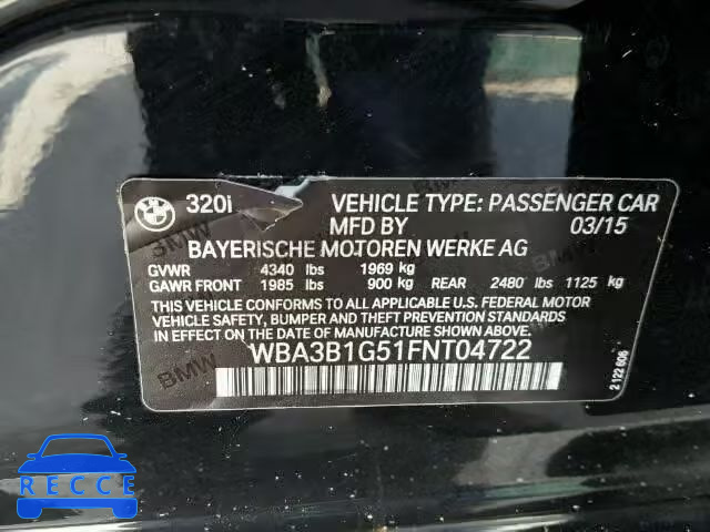 2015 BMW 320 WBA3B1G51FNT04722 зображення 9