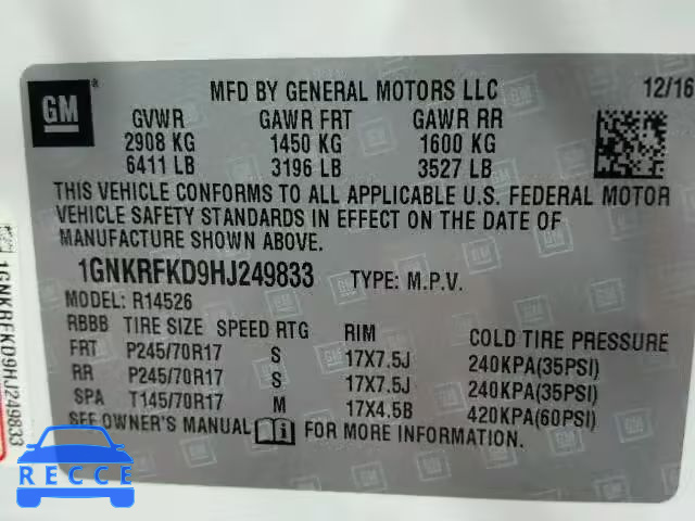2017 CHEVROLET TRAVERSE 1GNKRFKD9HJ249833 image 9