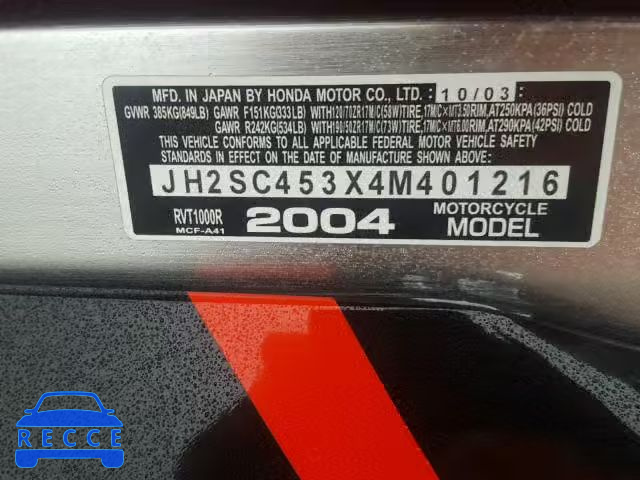 2004 HONDA RVT1000 JH2SC453X4M401216 зображення 9