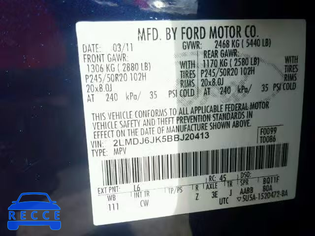 2011 LINCOLN MKX 2LMDJ6JK5BBJ20413 зображення 9