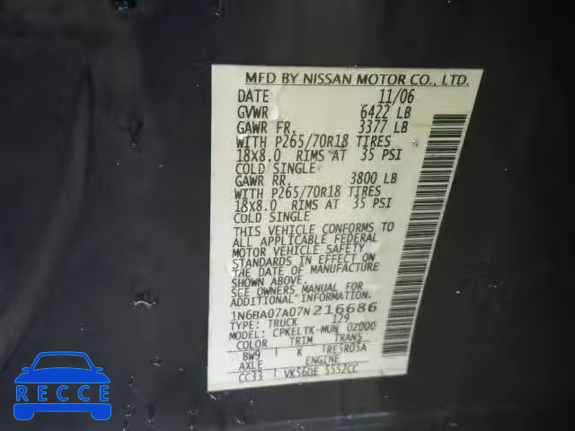 2007 NISSAN TITAN XE 1N6BA07A07N216686 image 9