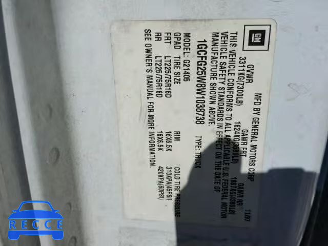 1998 CHEVROLET EXPRESS G2 1GCFG25W8W1038738 image 9