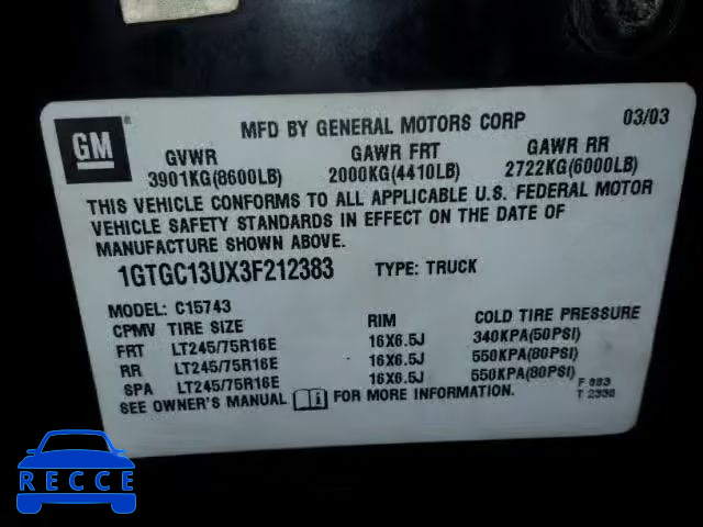 2003 GMC SIERRA 1GTGC13UX3F212383 image 9