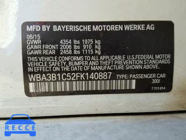 2015 BMW 320 WBA3B1C52FK140887 зображення 9