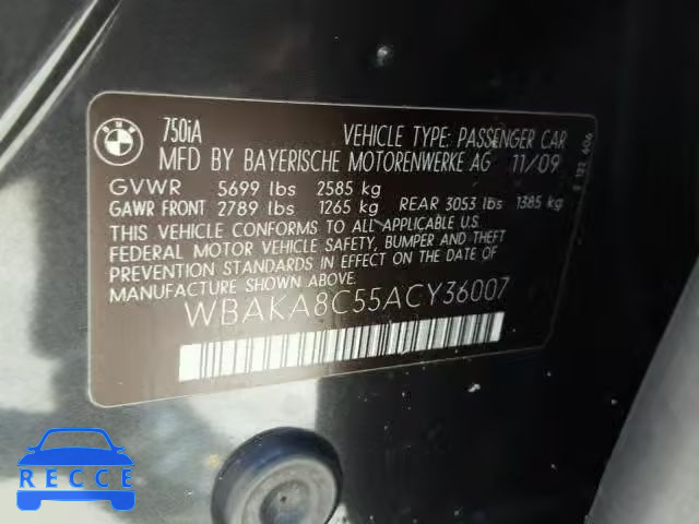 2010 BMW 750 WBAKA8C55ACY36007 зображення 9