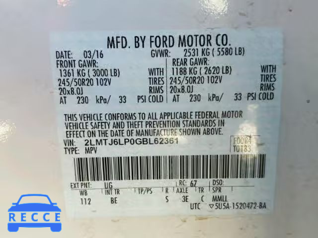 2016 LINCOLN MKX 2LMTJ6LP0GBL62361 Bild 9