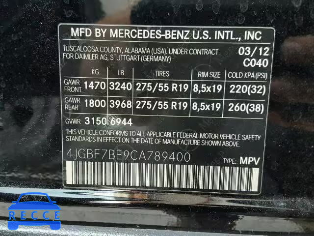 2012 MERCEDES-BENZ GL 4JGBF7BE9CA789400 image 9