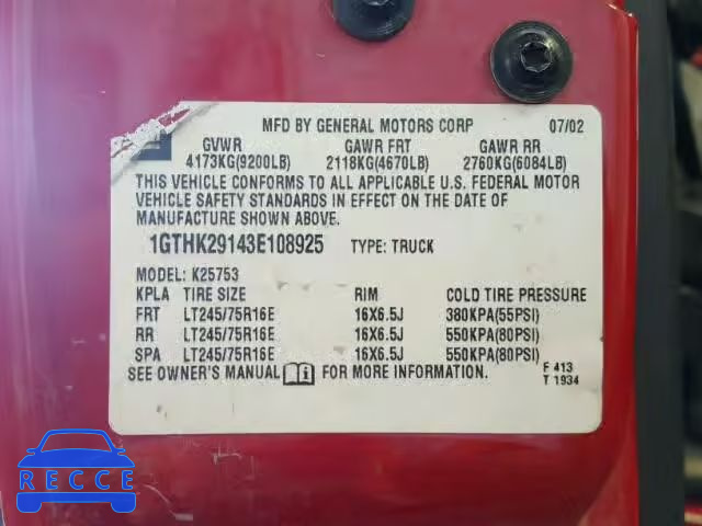 2003 GMC SIERRA 1GTHK29143E108925 зображення 9