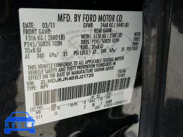2011 LINCOLN MKX 2LMDJ6JK4BBJ21729 Bild 9