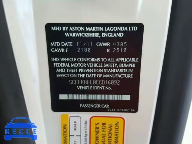 2012 ASTON MARTIN V8 SCFEKBEL0CGD16092 Bild 9