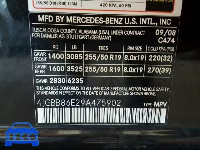 2009 MERCEDES-BENZ ML 4JGBB86E29A475902 image 9