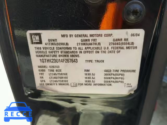 2004 GMC SIERRA 1GTHK23U14F267643 image 9