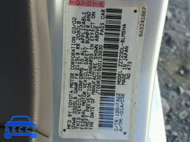 2002 TOYOTA CELICA JTDDR32T920133830 image 9