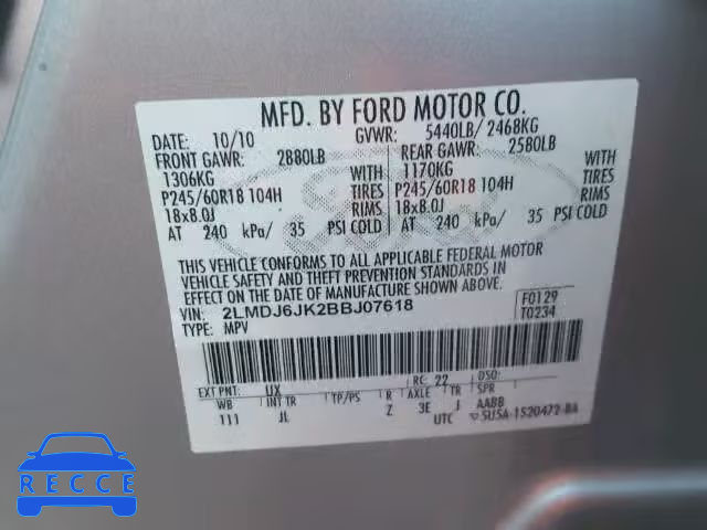 2011 LINCOLN MKX 2LMDJ6JK2BBJ07618 зображення 9