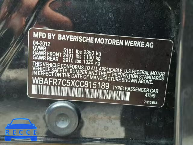 2012 BMW 535 WBAFR7C5XCC815189 зображення 9