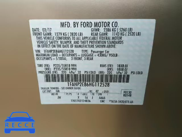 2017 FORD TAURUS 1FAHP2E86HG112528 image 9