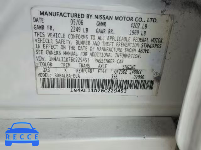 2006 NISSAN ALTIMA S 1N4AL11D76C229453 image 9