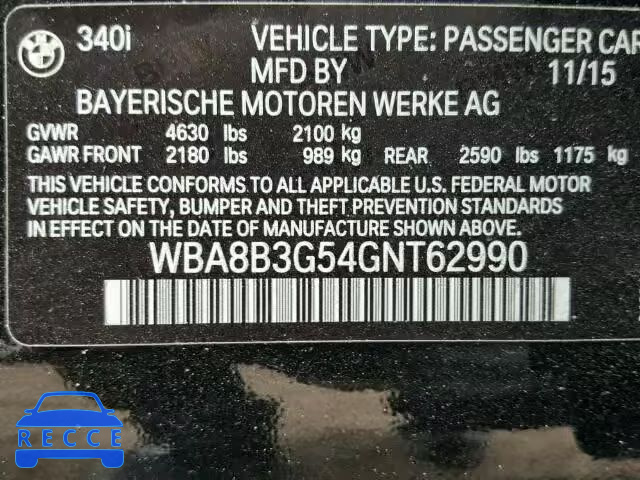 2016 BMW 340 WBA8B3G54GNT62990 image 9